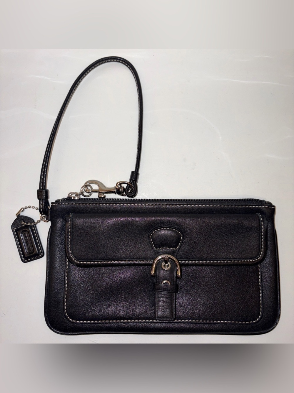 Coach Black Leather Wristlet with Front Flap and Buckle Accent